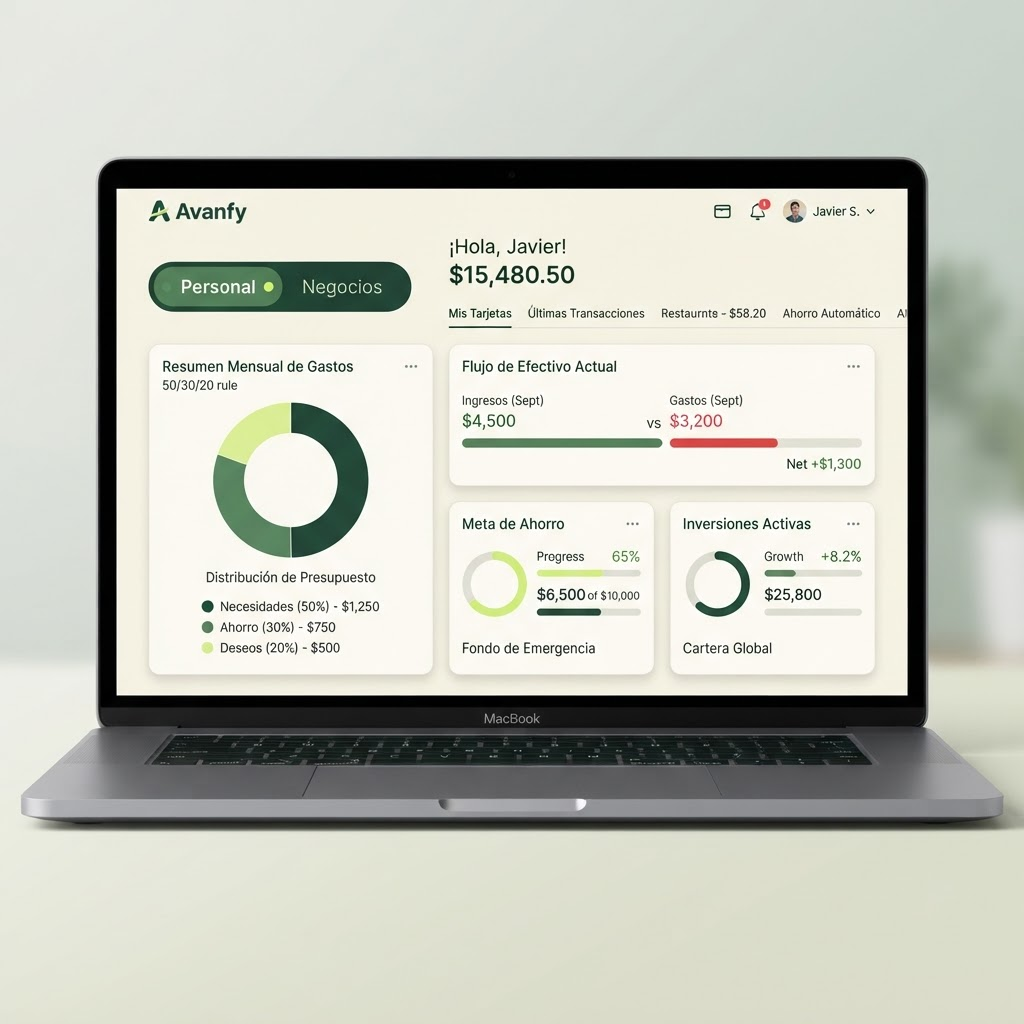 Vista previa del panel de Avanfy con el selector para cambiar entre finanzas personales y de negocio